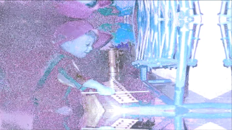 Still from the Young Me video: baby james at grandma's playing a toy xylophone, in solarised pink and blue.